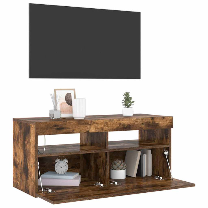 tv-bord med LED-lys 90x35x40 cm røget egetræsfarve