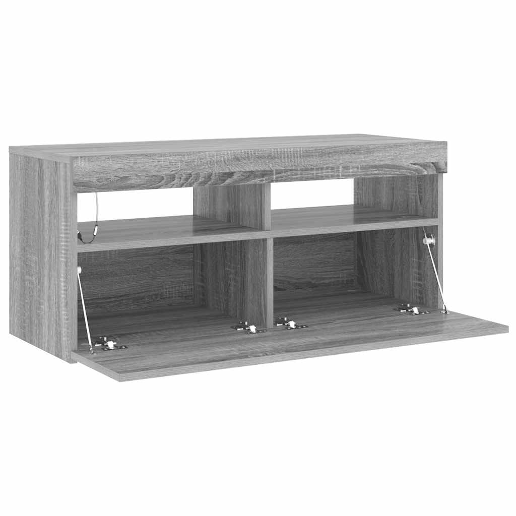 tv-bord med LED-lys 90x35x40 cm grå sonoma-eg