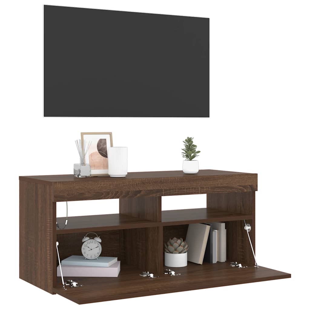 tv-bord med LED-lys 90x35x40 cm brun egetræsfarve