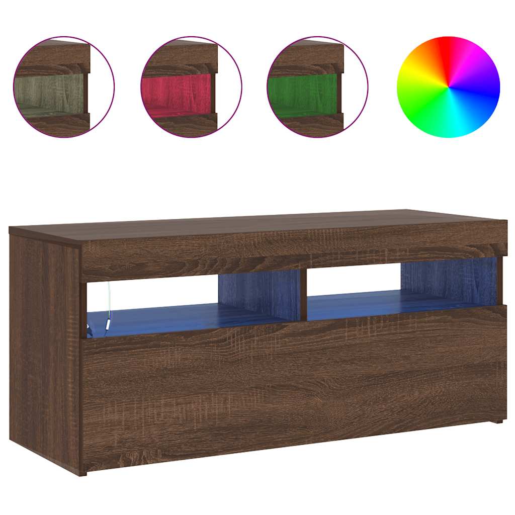 tv-bord med LED-lys 90x35x40 cm brun egetræsfarve