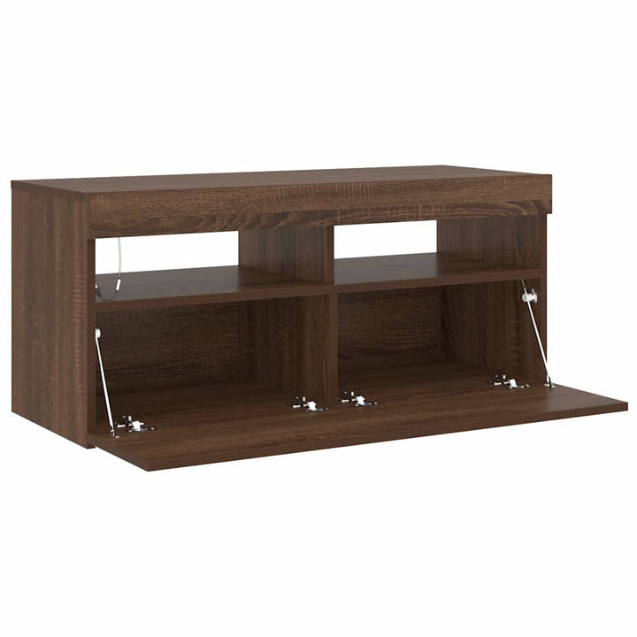 tv-bord med LED-lys 90x35x40 cm brun egetræsfarve