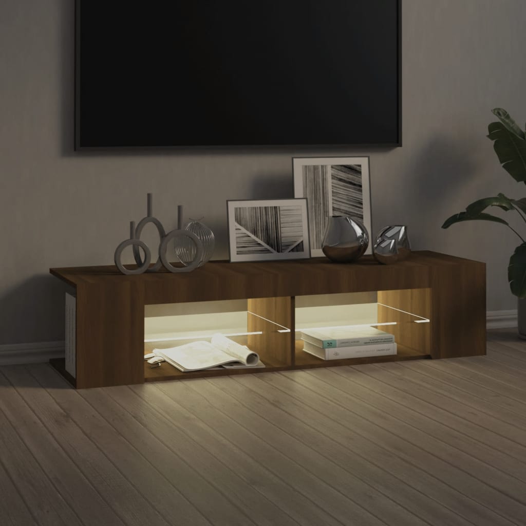 tv-bord med LED-lys 135x39x30 cm brun eg