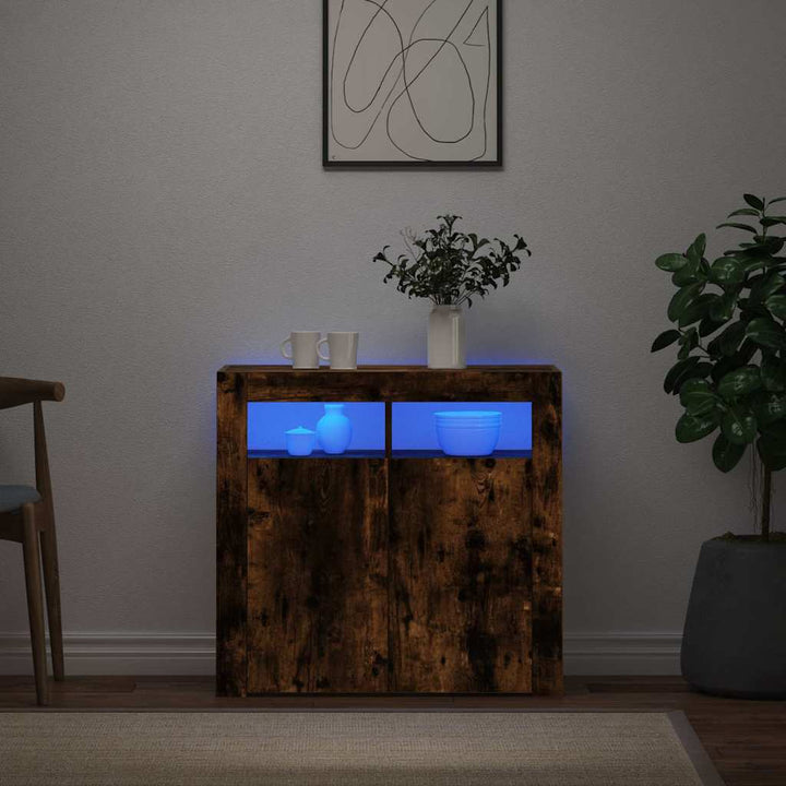 skænk med LED-lys 80x35x75 cm røget eg