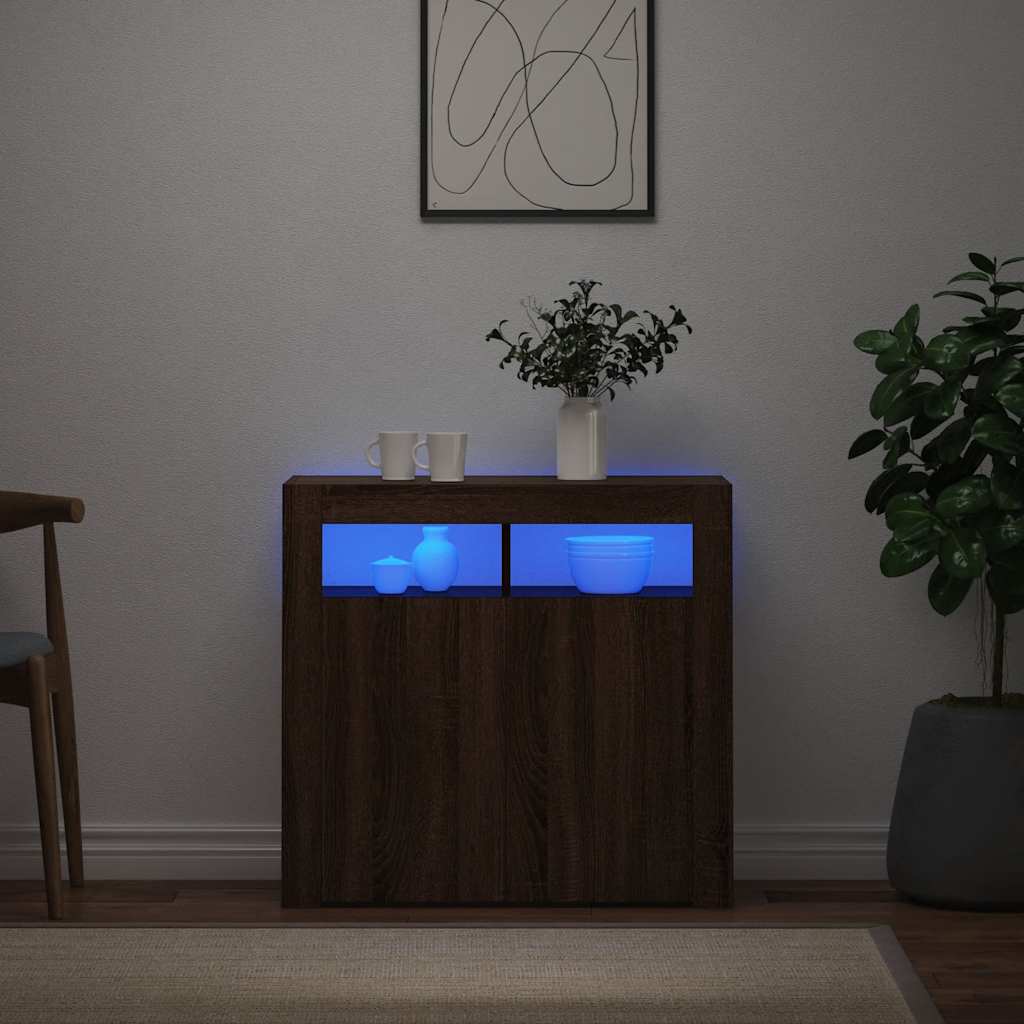 skænk med LED-lys 80x35x75 cm brun eg