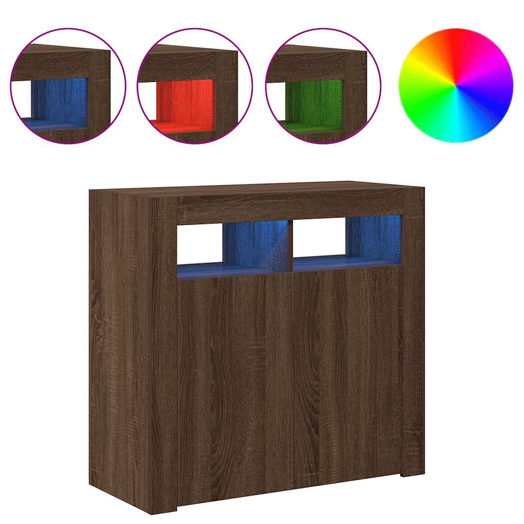 skænk med LED-lys 80x35x75 cm brun eg