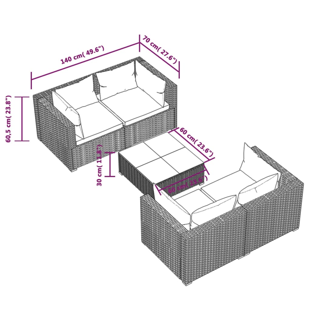 loungesæt til haven 5 dele med hynder polyrattan sort