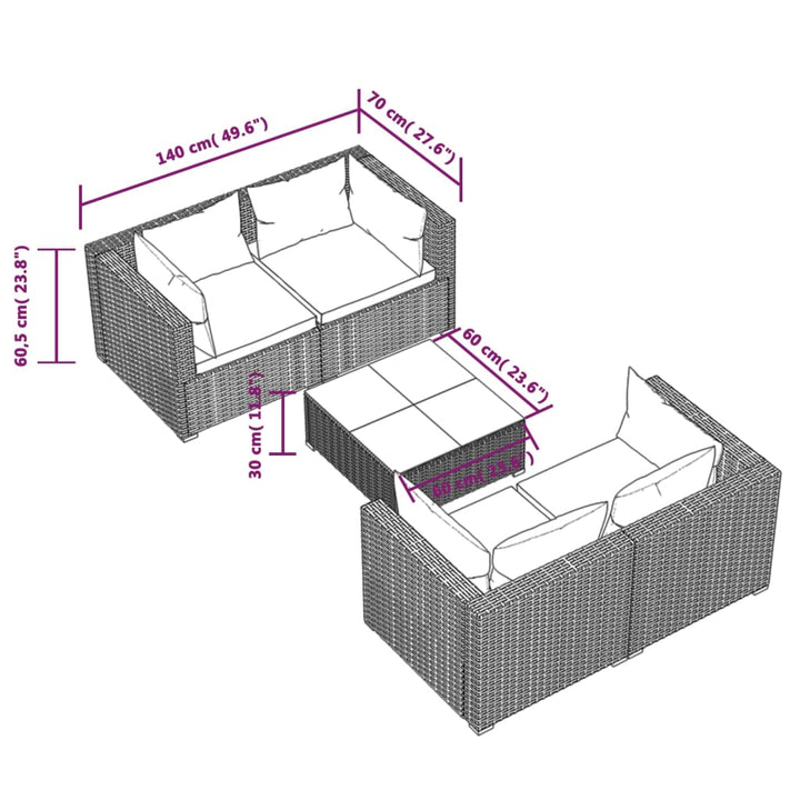 loungesæt til haven 5 dele med hynder polyrattan brun