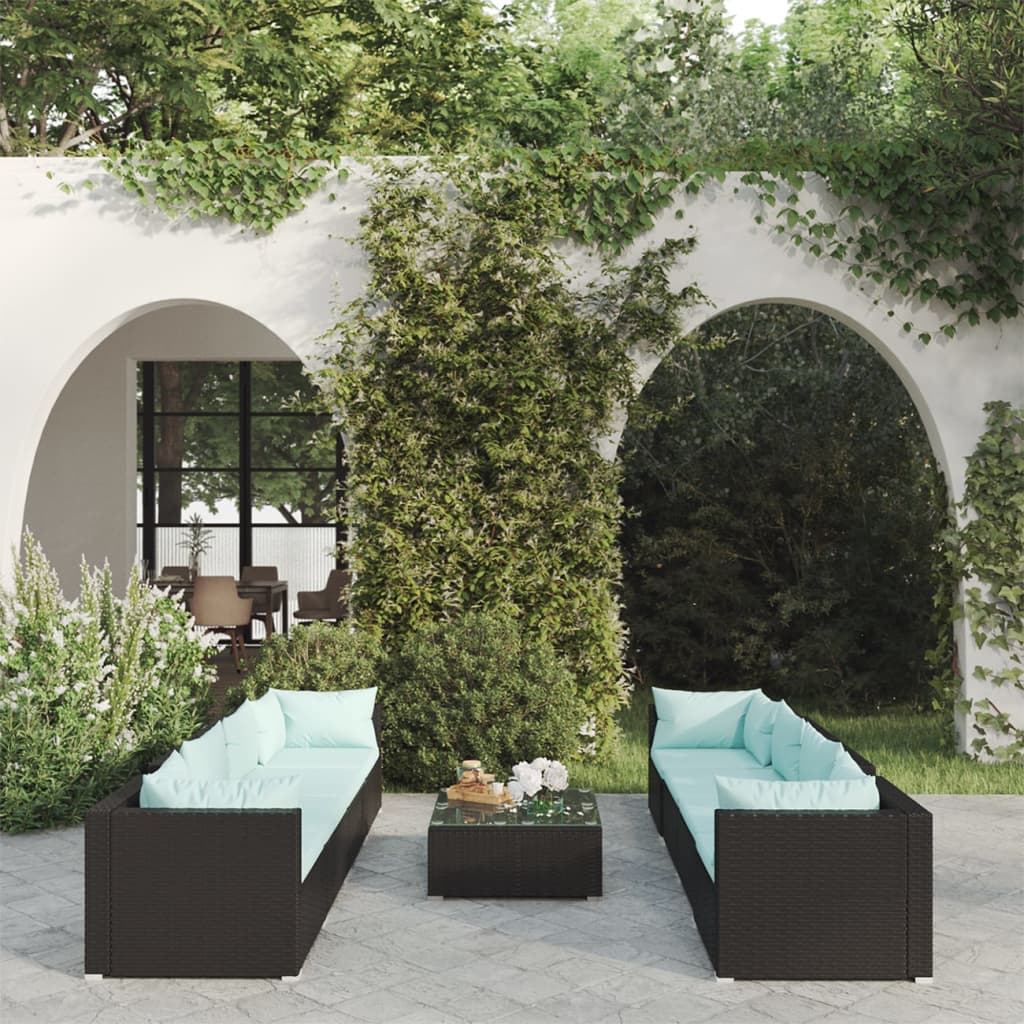 loungesæt til haven 9 dele med hynder polyrattan sort