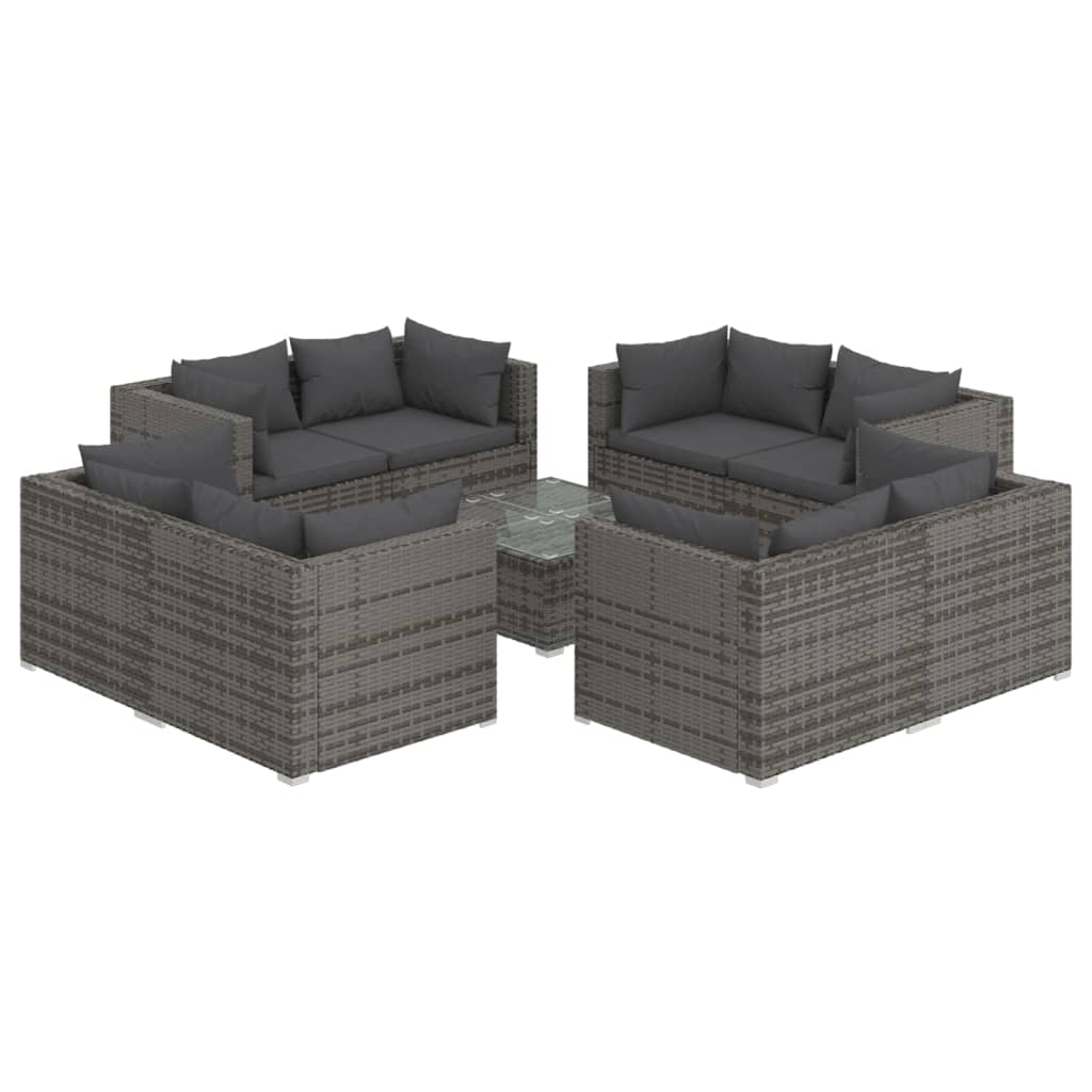 loungesæt til haven 9 dele med hynder polyrattan grå9