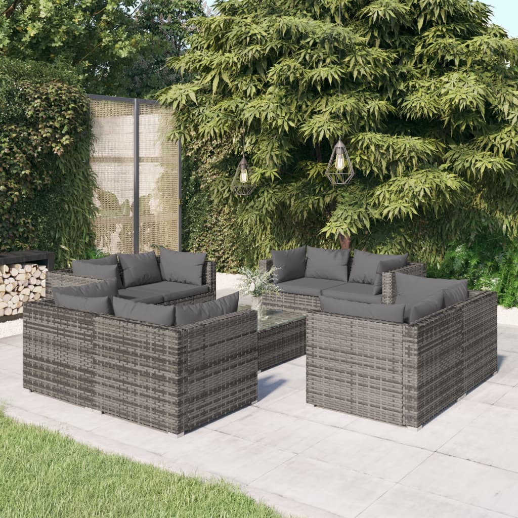 loungesæt til haven 9 dele med hynder polyrattan grå9