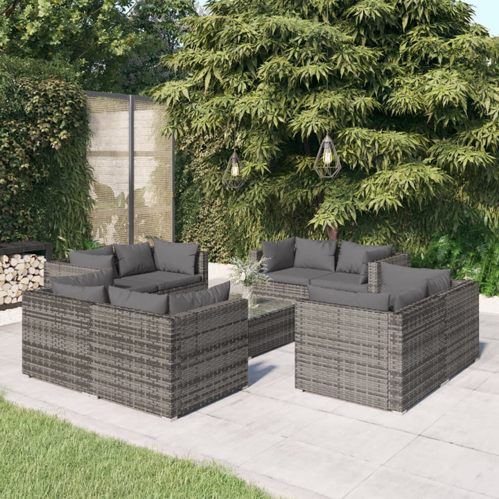 loungesæt til haven 9 dele med hynder polyrattan grå9