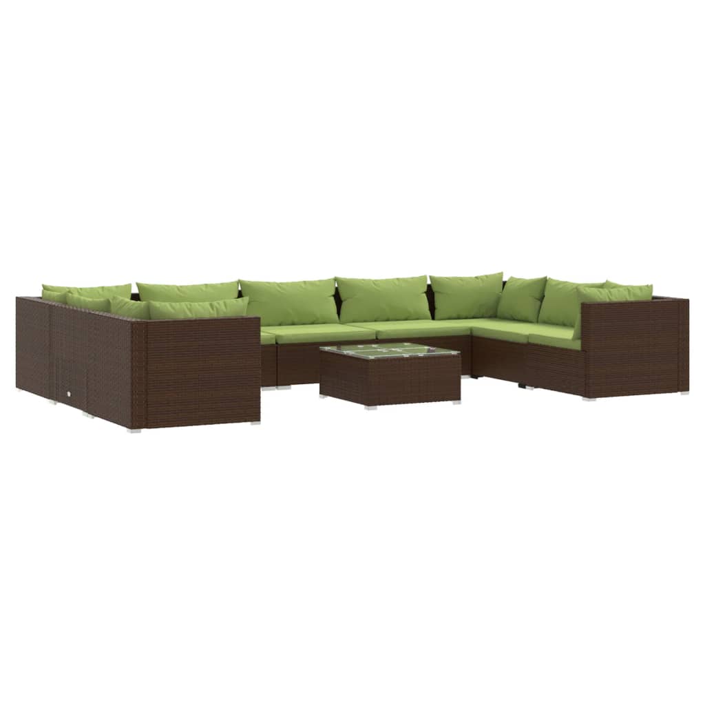 loungesæt til haven 10 dele med hynder polyrattan brun