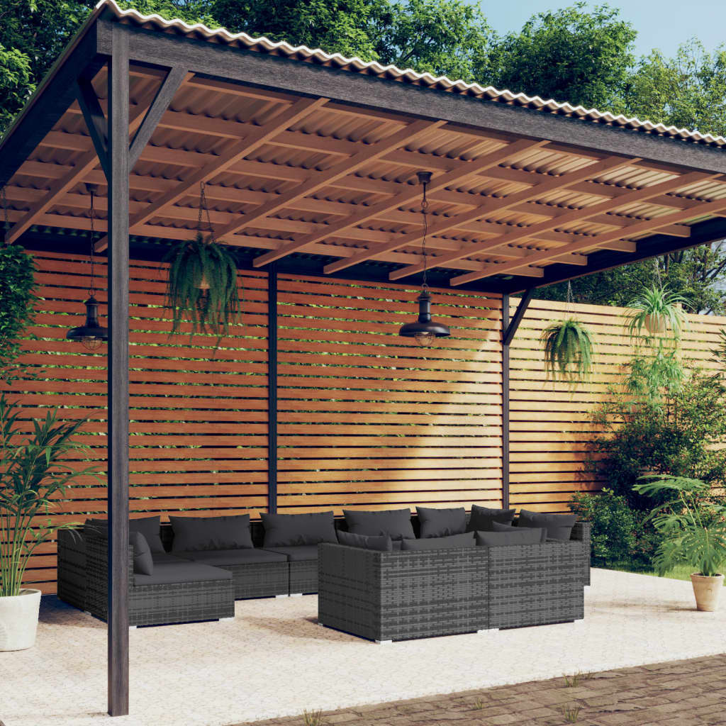 loungesæt til haven 9 dele med hynder polyrattan grå