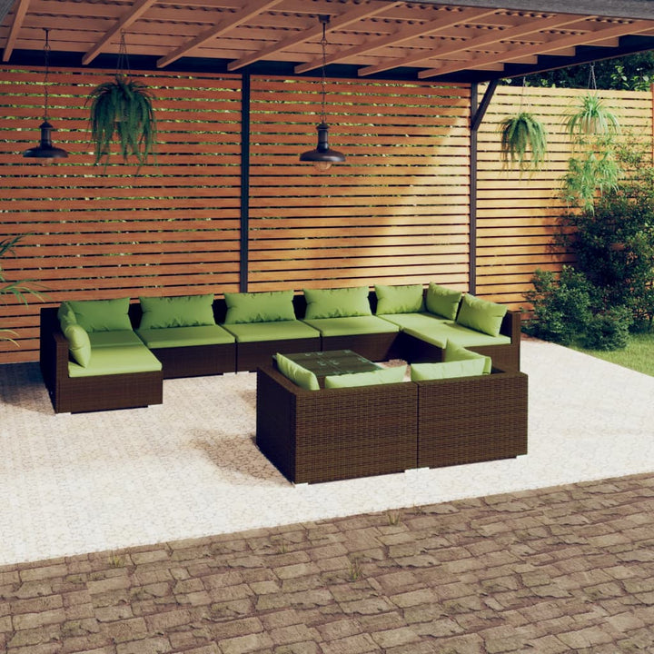 loungesæt til haven 10 dele med hynder polyrattan brun