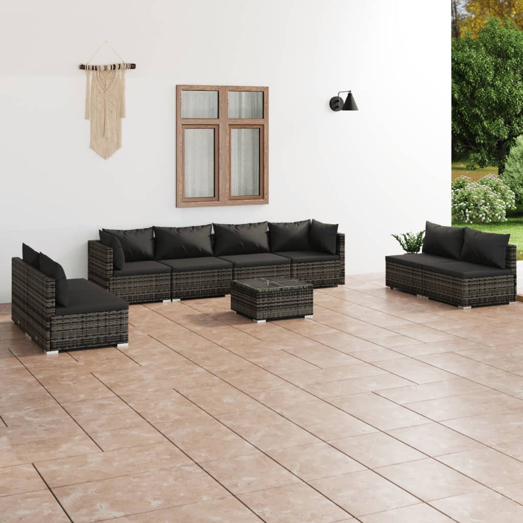 loungesæt til haven 9 dele med hynder polyrattan grå