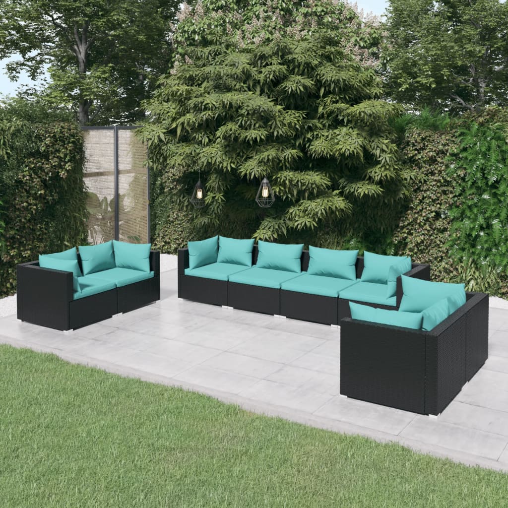 loungesæt til haven 8 dele med hynder polyrattan sort