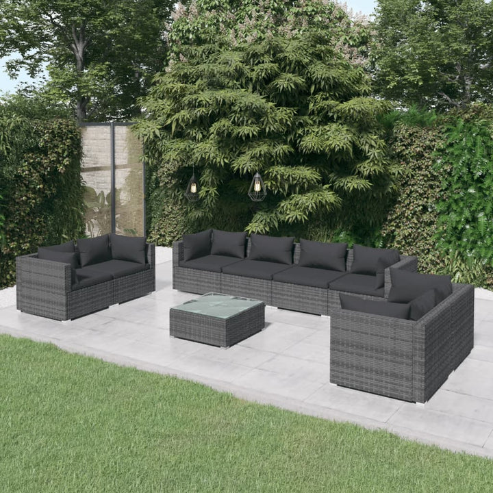 loungesæt til haven 9 dele med hynder polyrattan grå