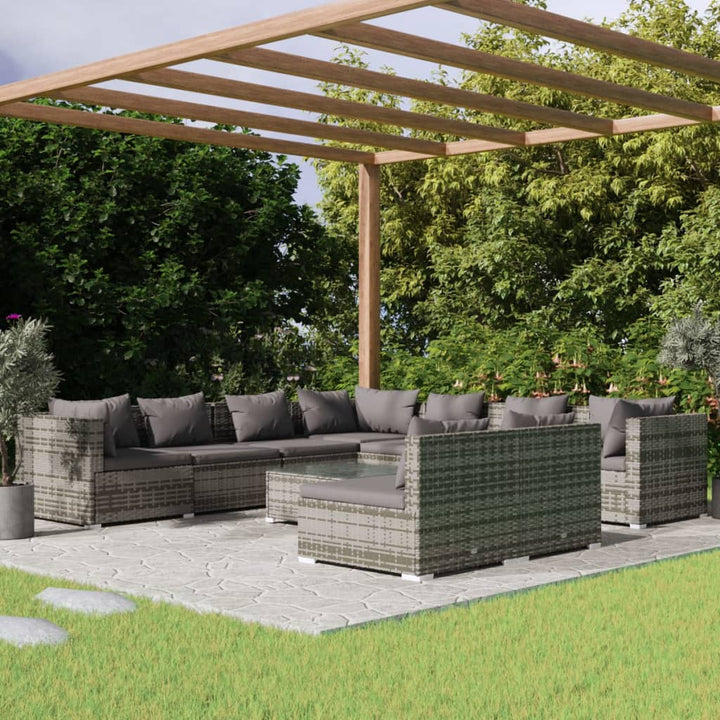 loungesæt til haven 10 dele med hynder polyrattan grå