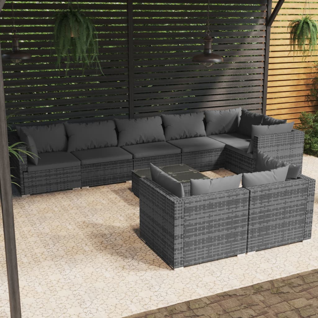 loungesæt til haven 9 dele med hynder polyrattan grå