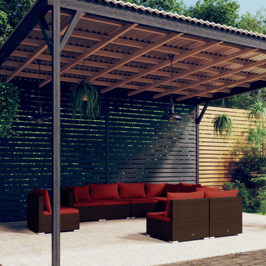 loungesæt til haven 9 dele med hynder polyrattan brun