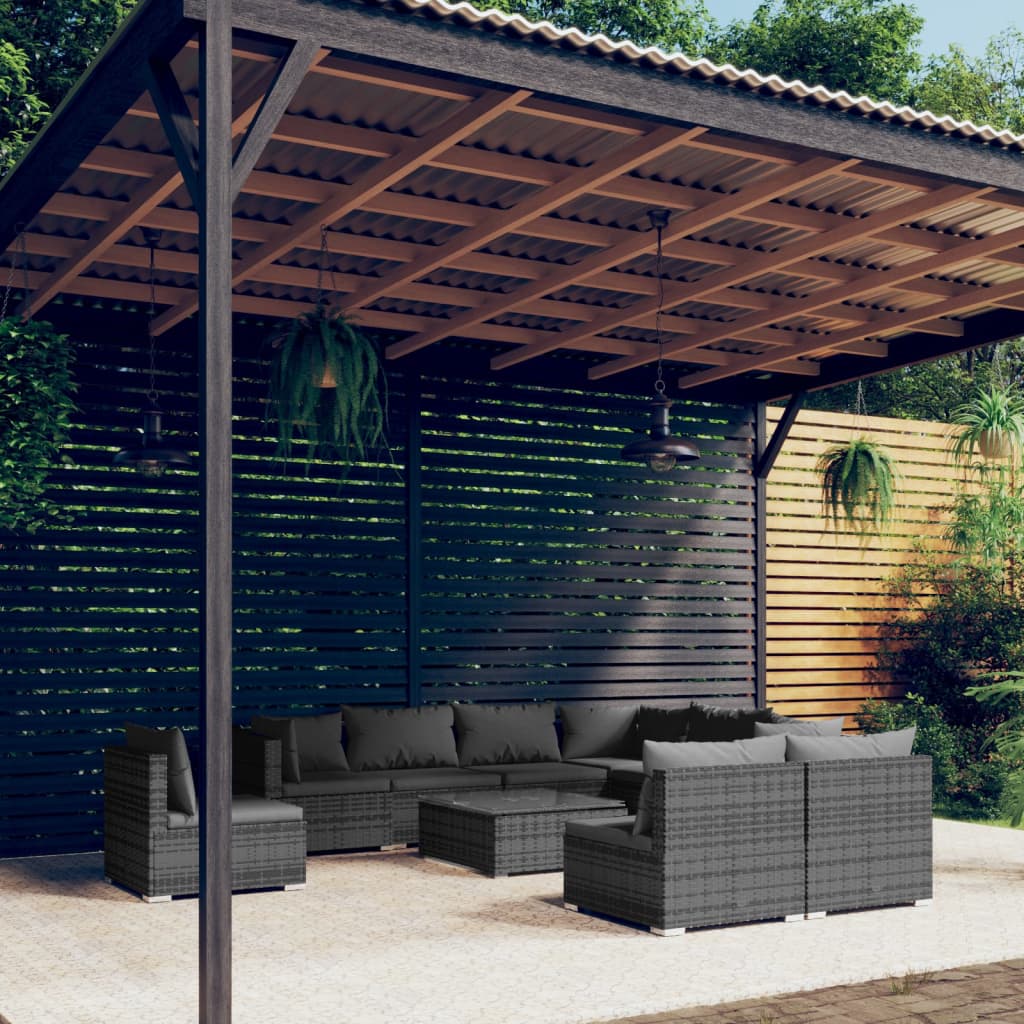 loungesæt til haven 10 dele med hynder polyrattan grå