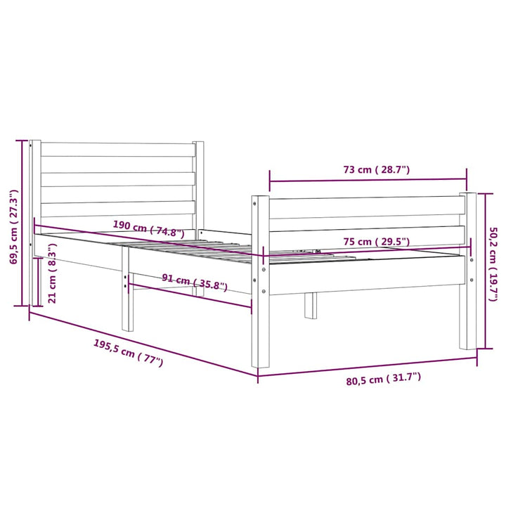 sengeramme 75x190 cm Small Single massivt træ gyldenbrun