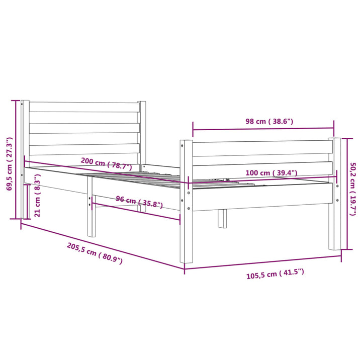 sengeramme 100x200 cm massivt træ grå