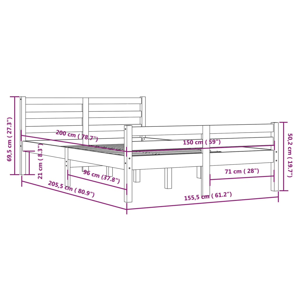sengeramme 150x200 cm King Size massivt træ gyldenbrun