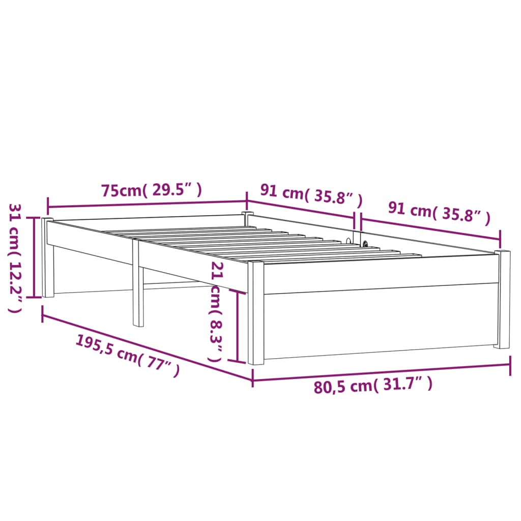sengeramme 75x190 cm Small Single massivt træ gyldenbrun