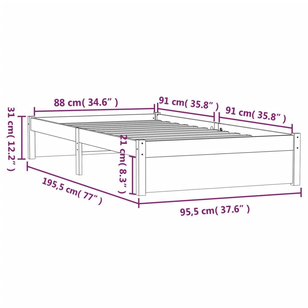 sengeramme 90x190 cm Single massivt træ gyldenbrun