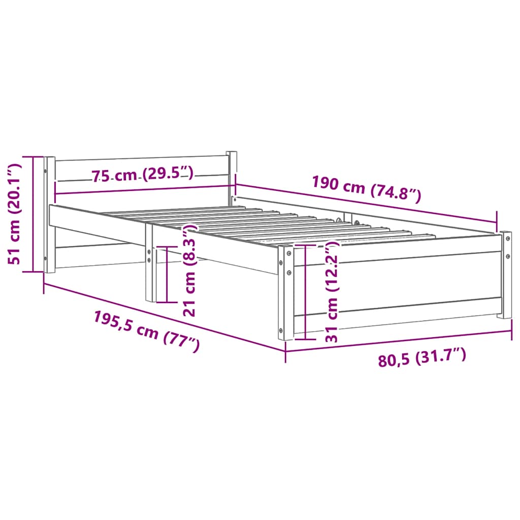 sengeramme 75x190 cm Small Single massivt træ gyldenbrun