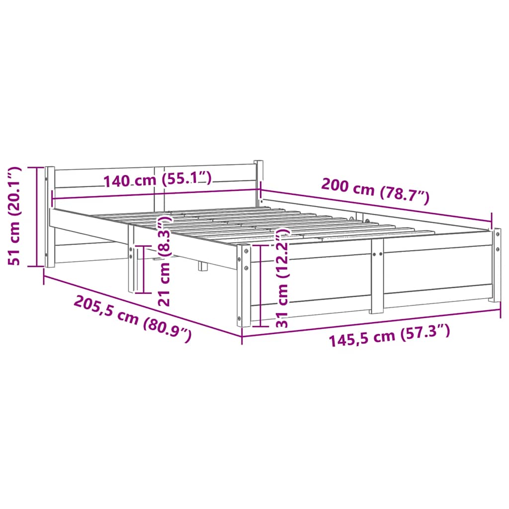 sengeramme 140x200 cm massivt træ hvid