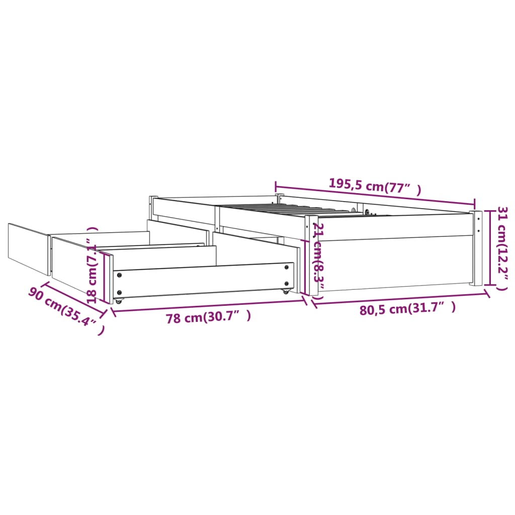 sengeramme med skuffer 75x190 cm Small Single hvid