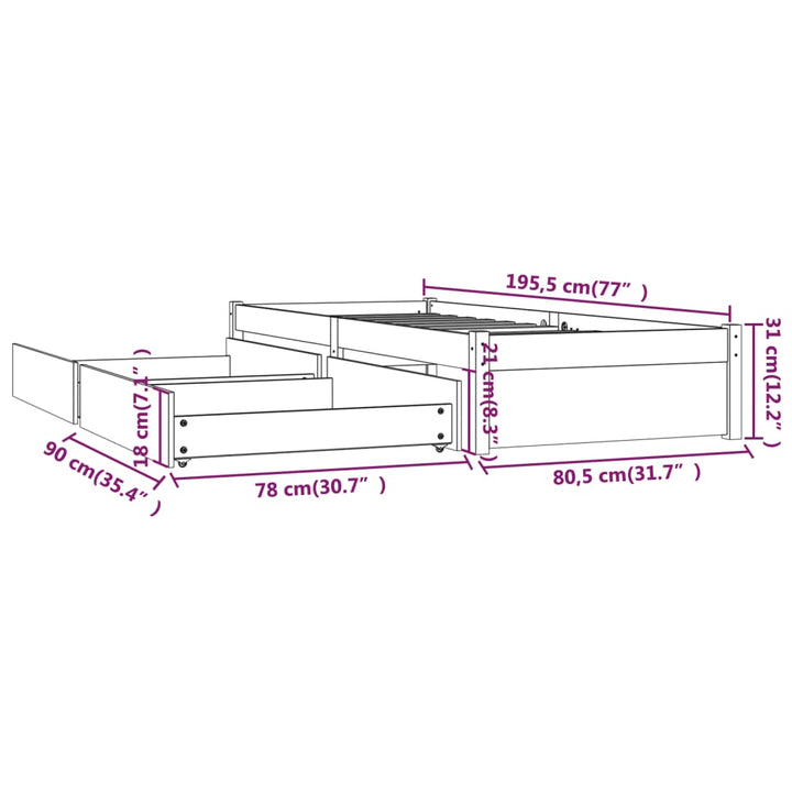 sengeramme med skuffer 75x190 cm Small Single hvid