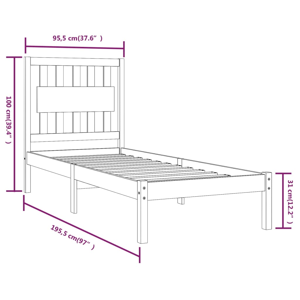 sengeramme 90x190 cm Single massivt fyrretræ hvid