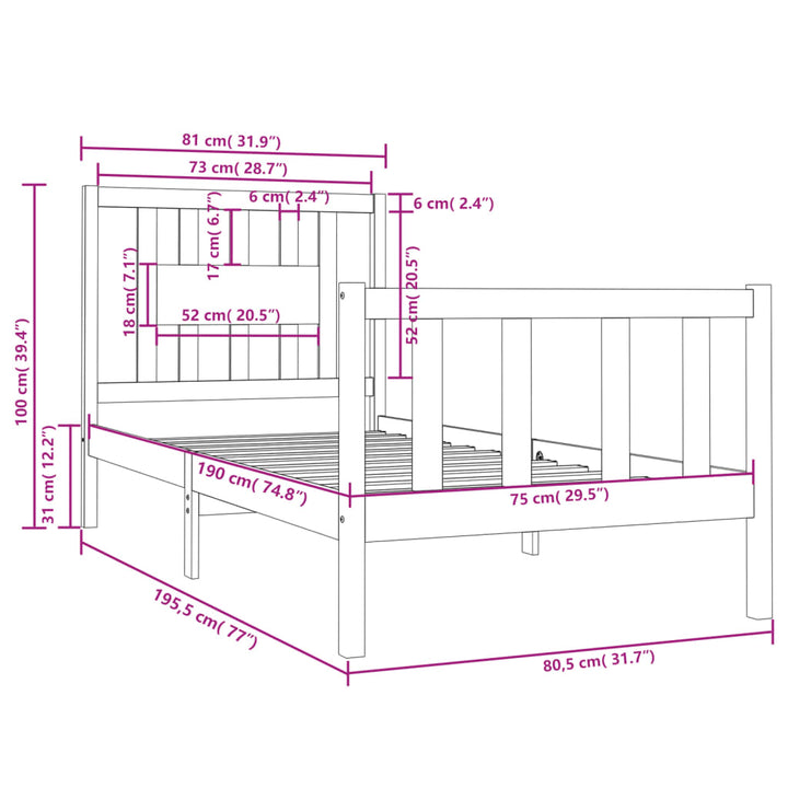 sengeramme 75x190 cm Small Single massivt træ sort