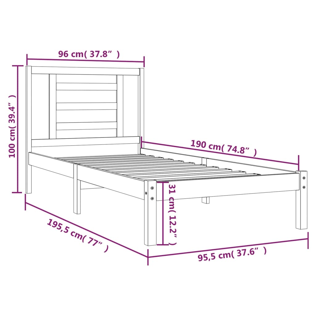 sengeramme uden madras 90x190 cm massivt fyrretræ