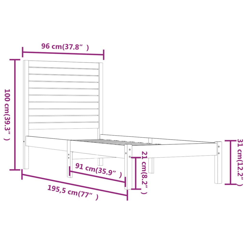 sengeramme 90x190 cm Single massivt træ hvid
