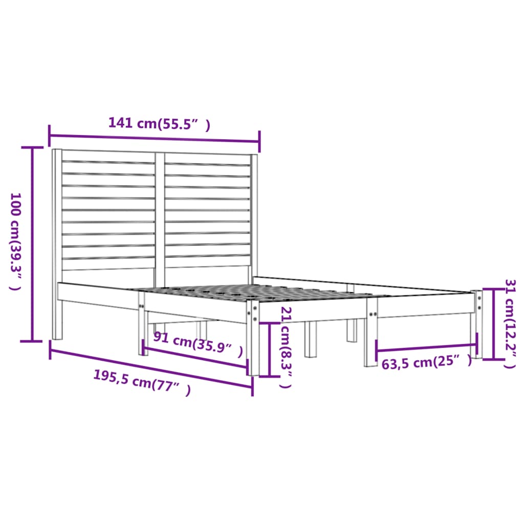 sengeramme 135x190 cm dobbelt massivt fyrretræ hvid