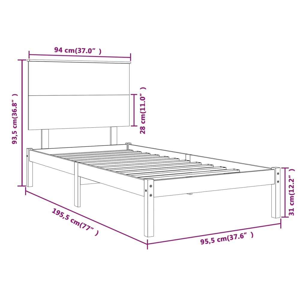 sengeramme 90x190 cm Single massivt træ hvid