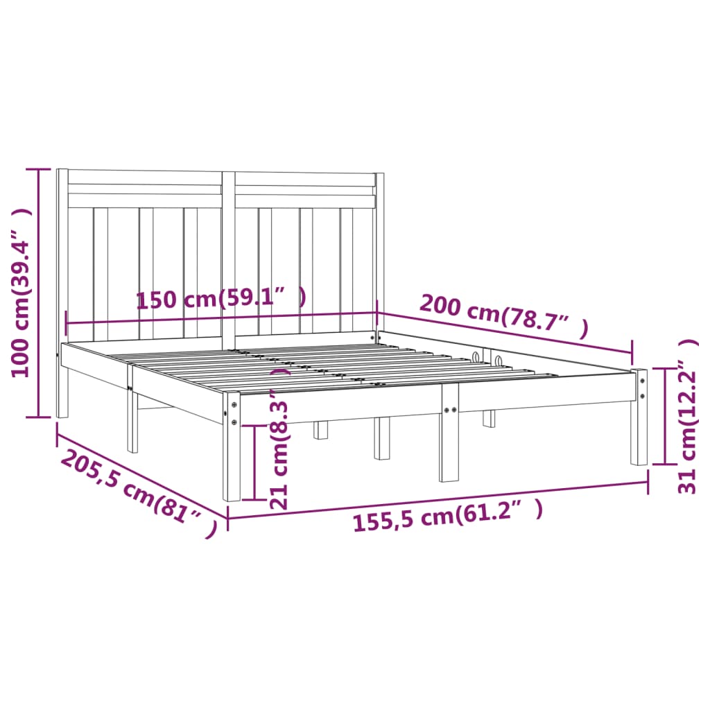 sengeramme 150x200 cm King Size massivt træ sort