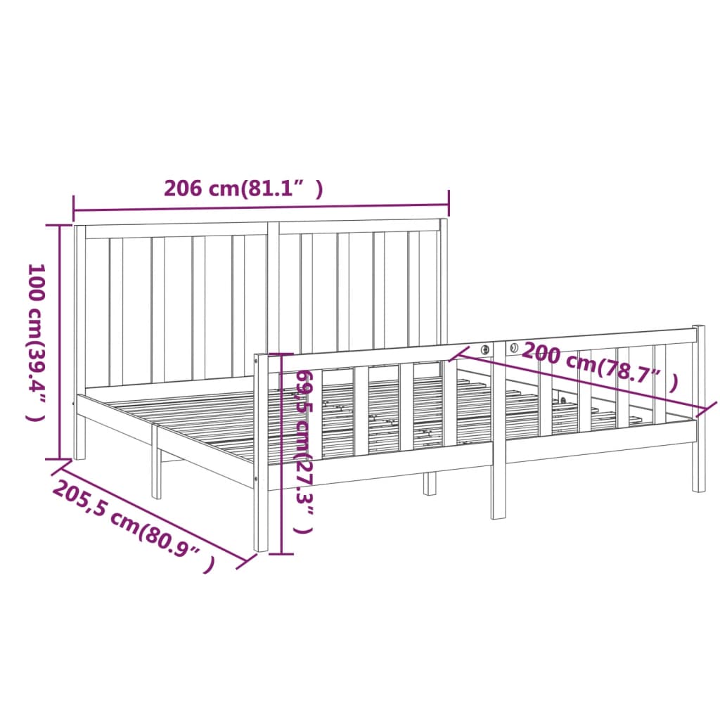 sengeramme 200x200 cm massivt fyrretræ sort