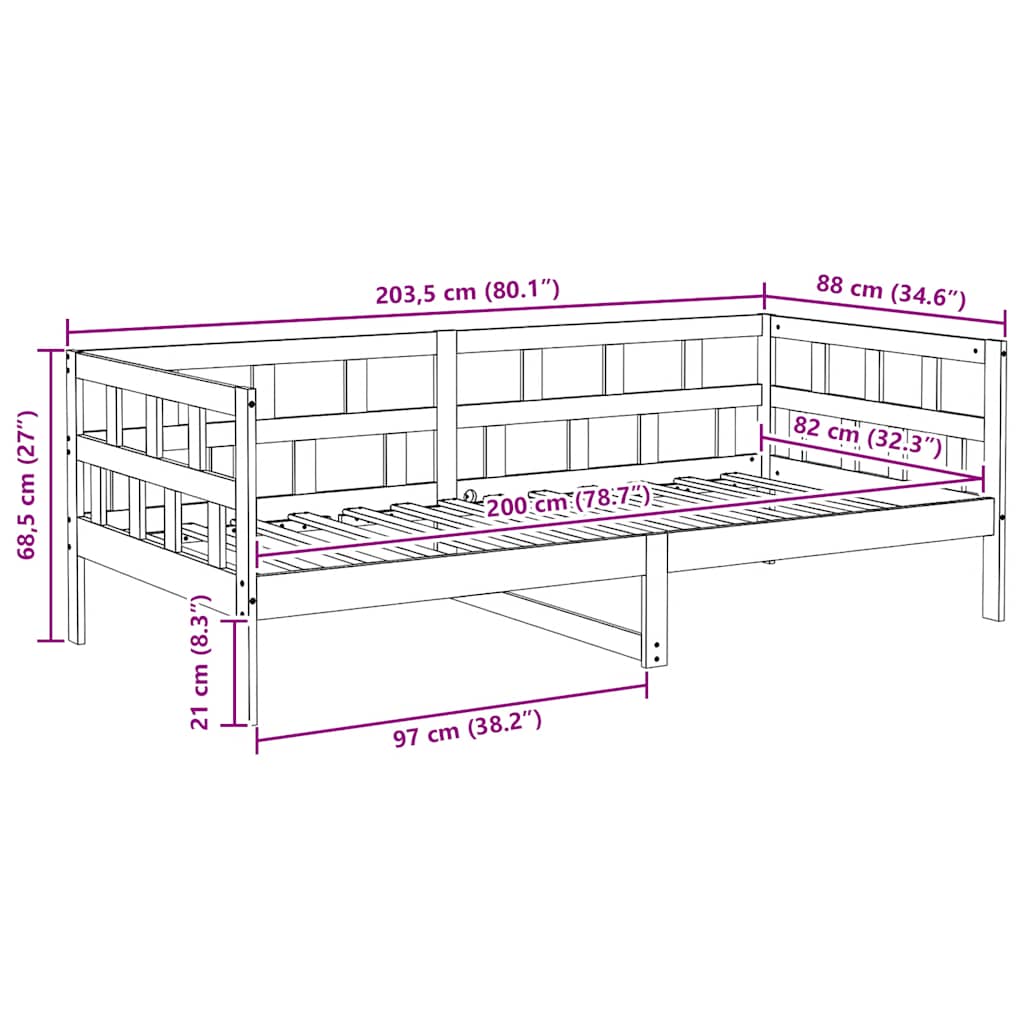daybed 80x200 cm massivt fyrretræ hvid