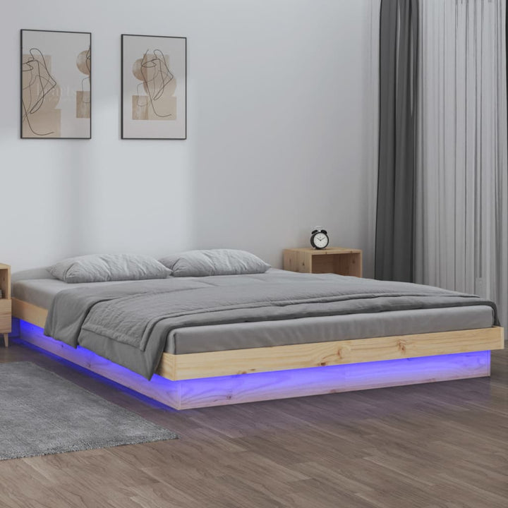 sengeramme med LED-lys 200x200 cm massivt træ