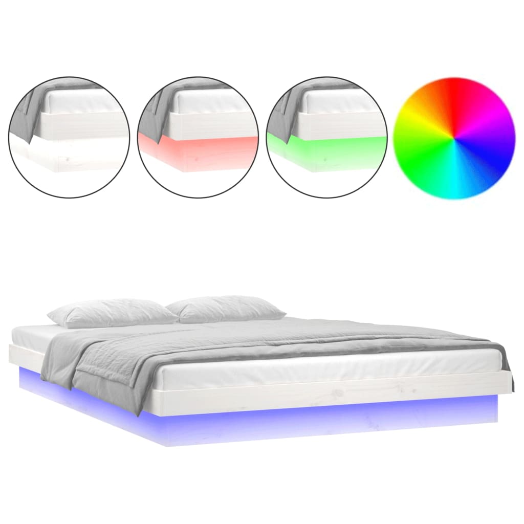 sengeramme med LED-lys 135x190 cm dobbelt massivt træ hvid
