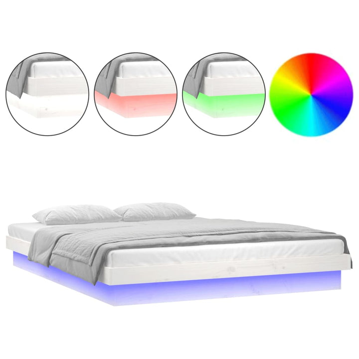 sengeramme med LED-lys 135x190 cm dobbelt massivt træ hvid