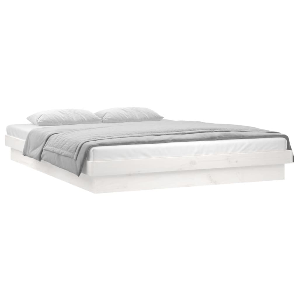 sengeramme med LED-lys 135x190 cm dobbelt massivt træ hvid