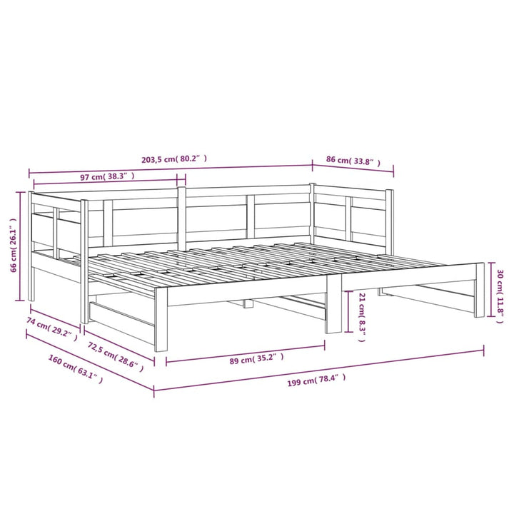 daybed med udtræk 2x(80x200) cm massivt fyrretræ sort