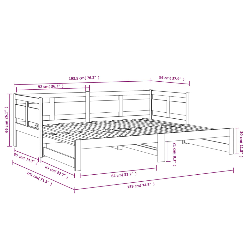 daybed med udtræk 2x(90x190) cm massivt fyrretræ hvid