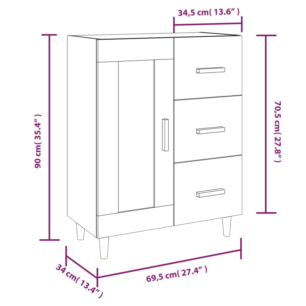 skænk 69,5x34x90 cm konstrueret træ hvid højglans
